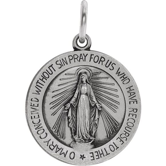 Sterling Silver Round Miraculous Medal Pendant 18mm (11/16 Inch)